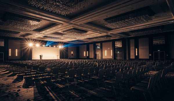 Grand corporate conference ballroom with dramatic stage lighting and premium aesthetic