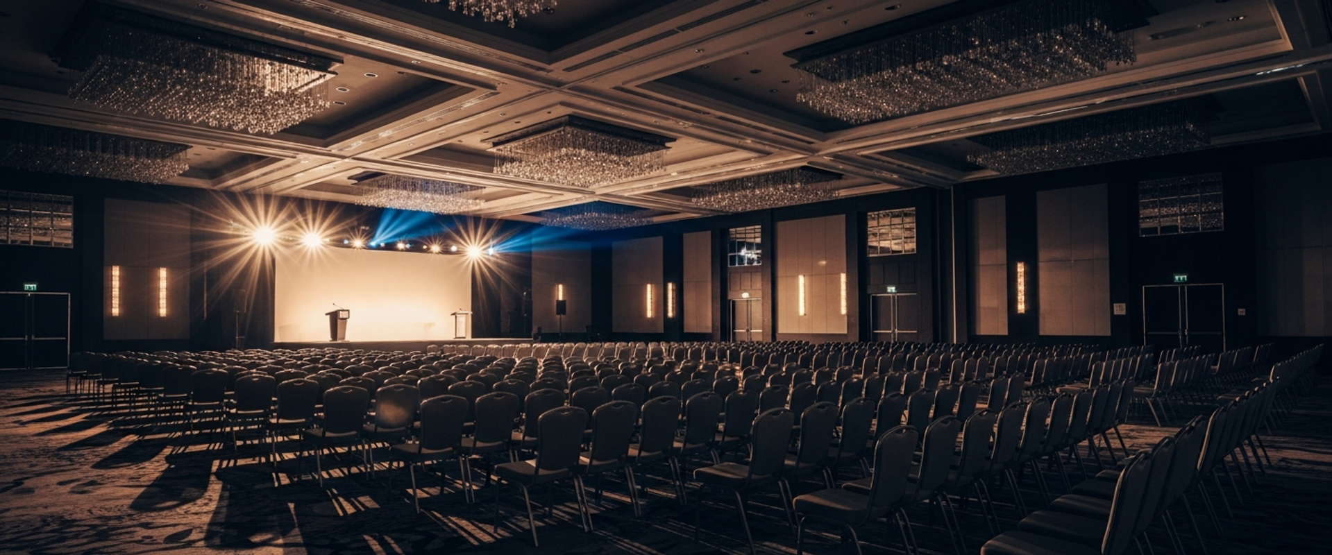 Grand corporate conference ballroom with dramatic stage lighting and premium aesthetic