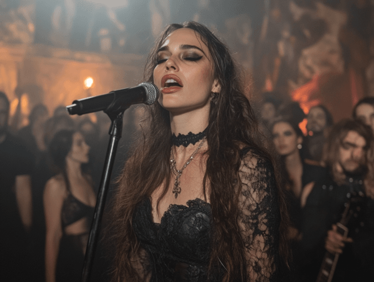 Singer performing passionately on stage with crowd