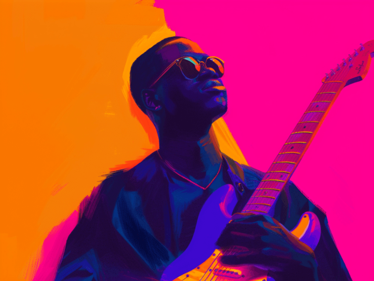 Man in sunglasses holding electric guitar, colorful background.