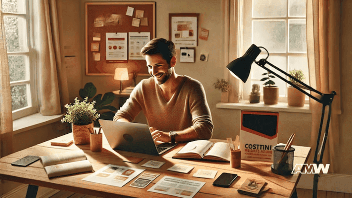 Man working on laptop at home office desk.