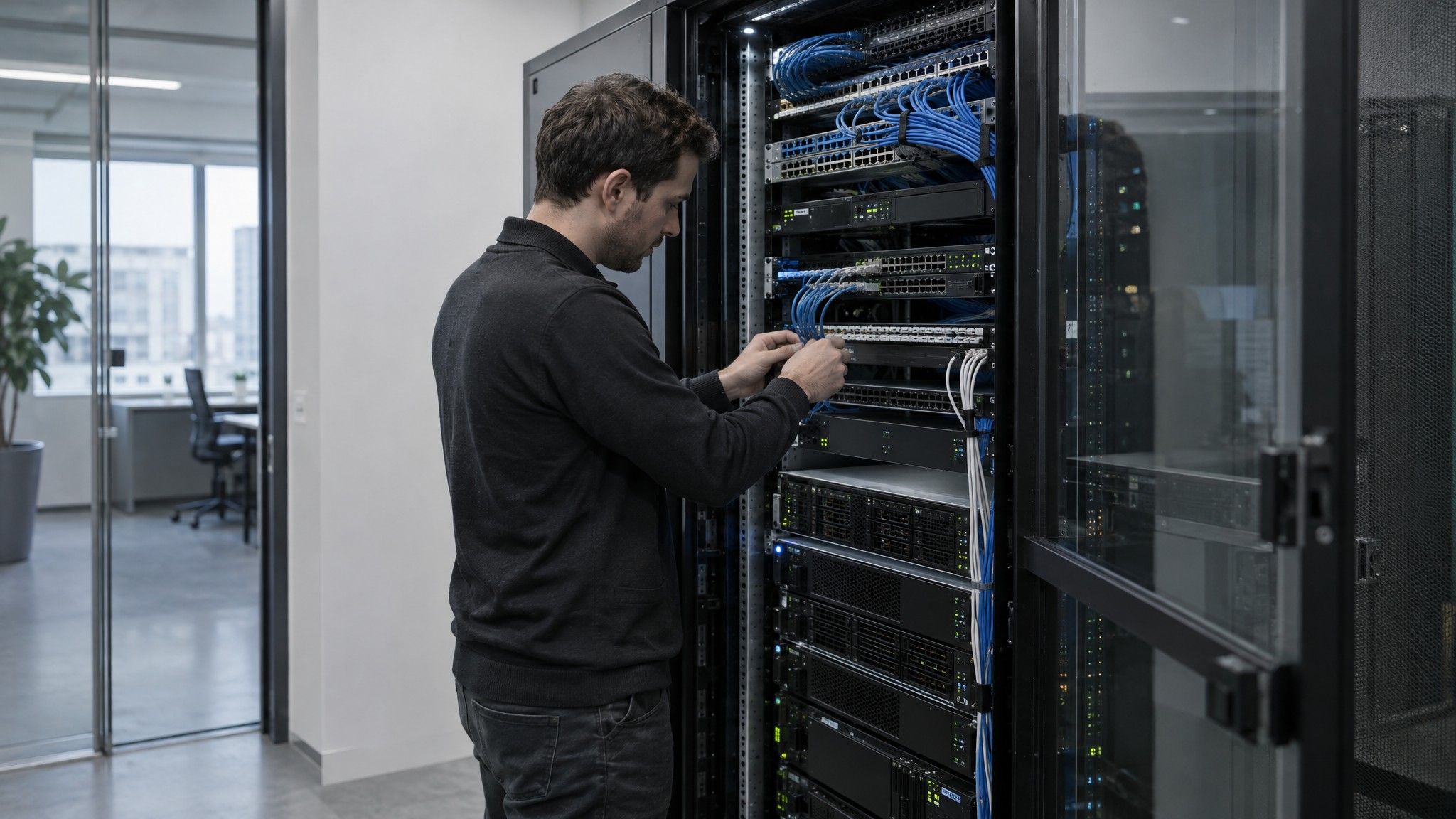 Office server cupboard with neat racks and small indicator lights