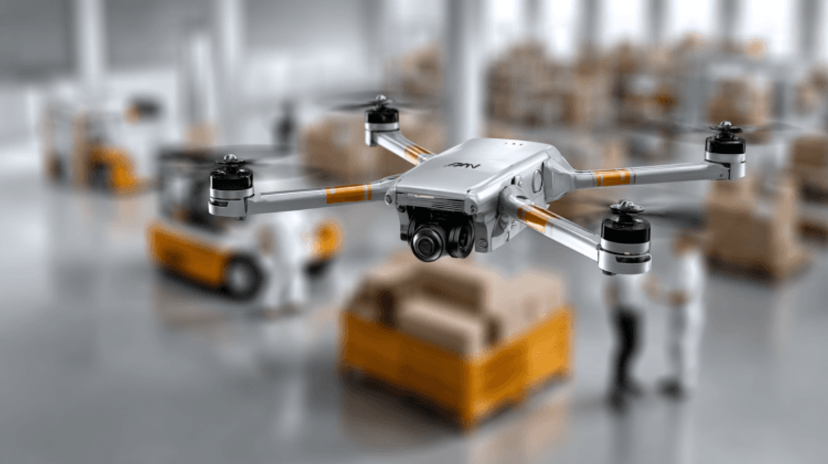 Drone flies in warehouse with packages.