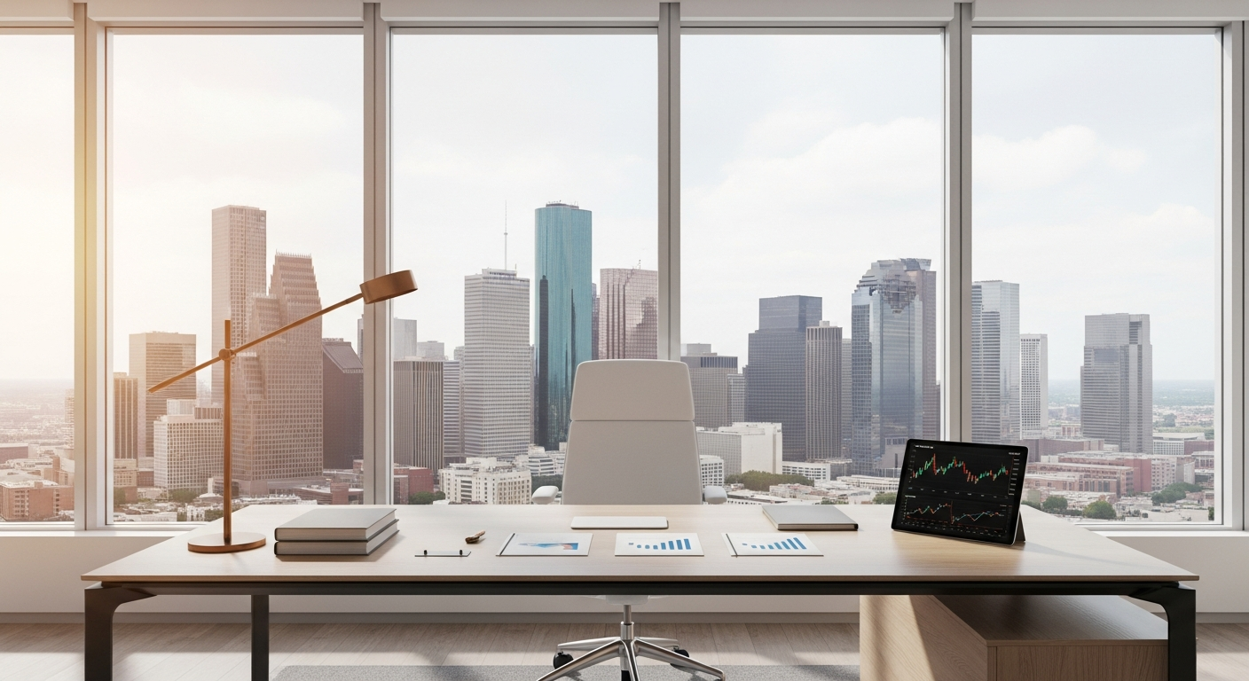 Executive office with Houston skyline view for investor strategy sessions