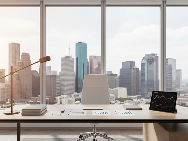 Executive office with Houston skyline view for investor strategy sessions