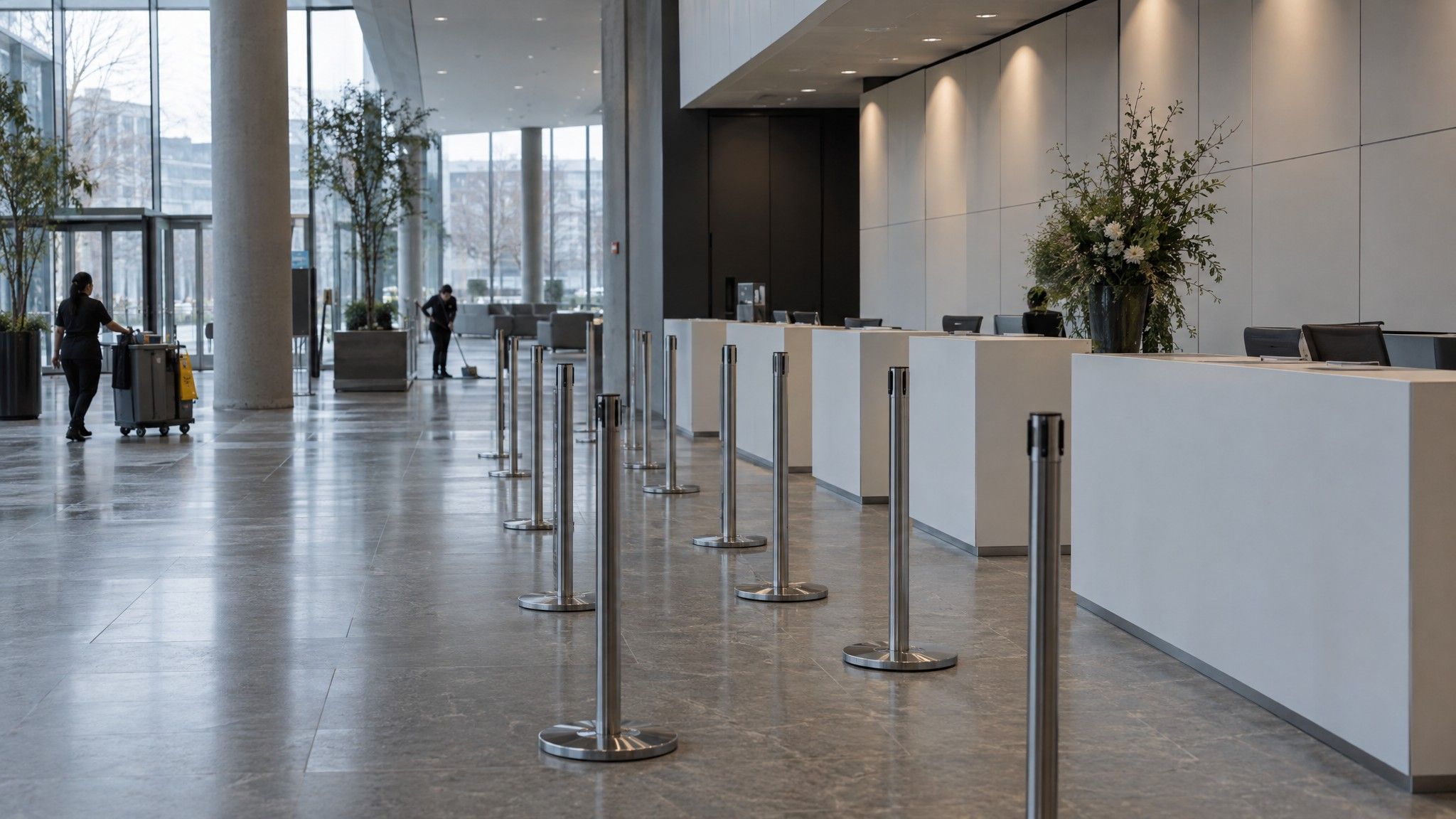 Conference registration area early morning with bare counters