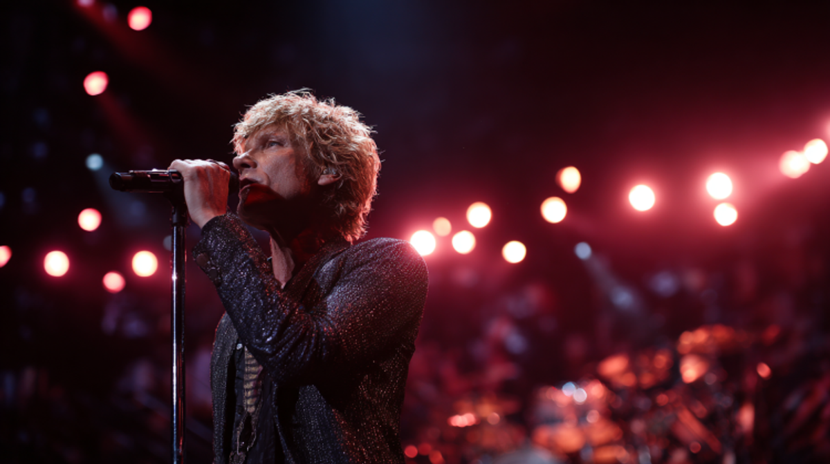 Singer performing on stage with bright lights.