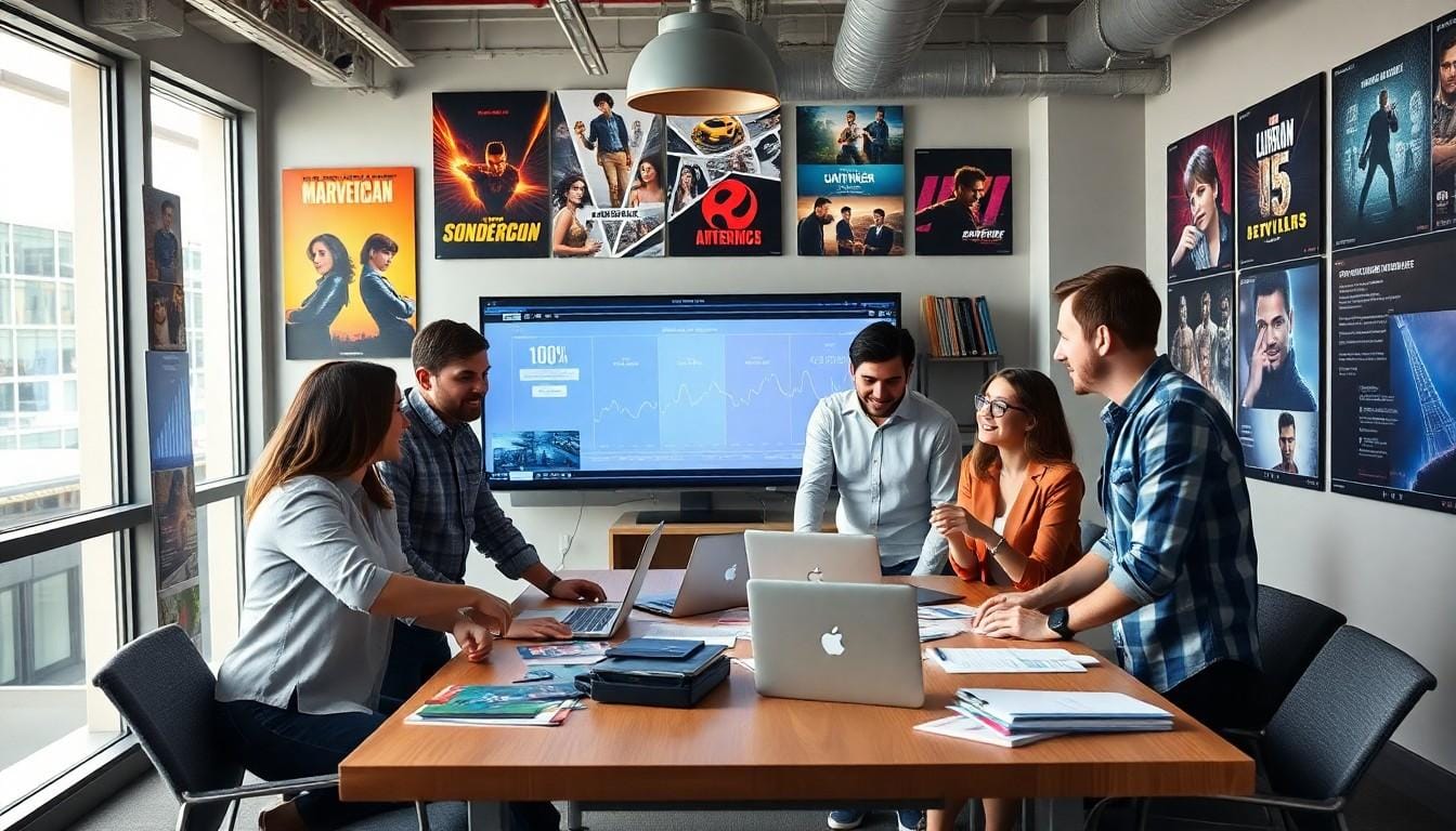 Marketing team discussing the evolution of entertainment marketing: how movies win audiences in the digital age