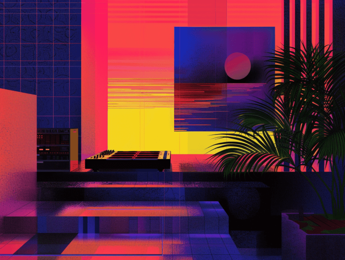 Retro futuristic room with digital equipment and plants.