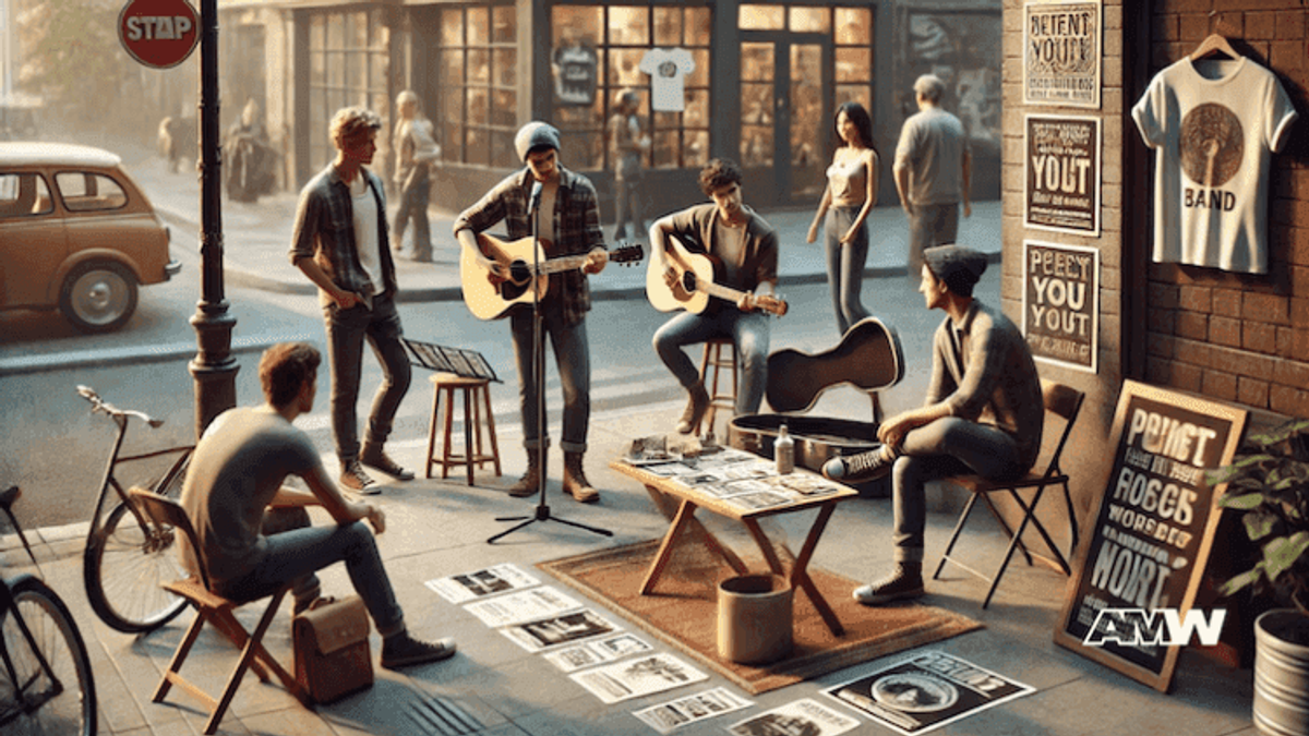Street musicians performing near a coffee shop.
