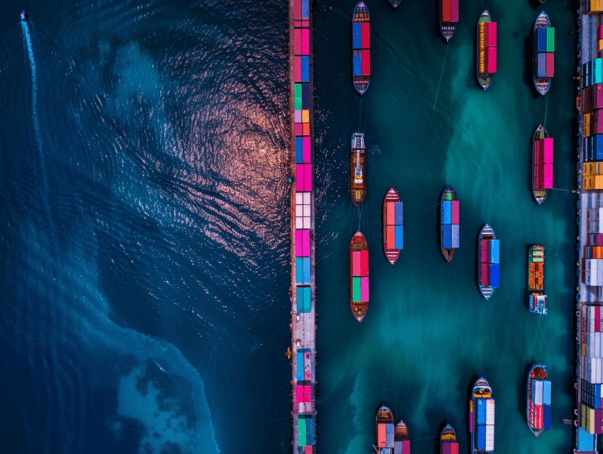Colorful cargo ships docked at port, aerial view.