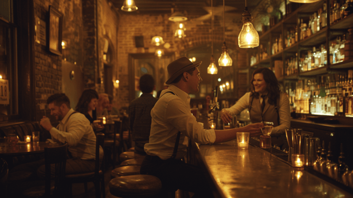 Cozy bar scene with drinks and conversation.