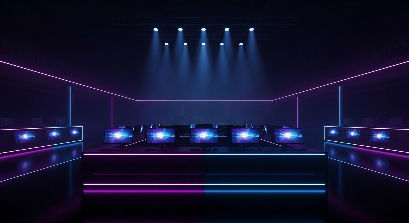 Esports arena stage with dramatic RGB lighting