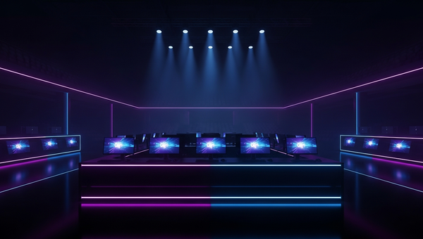 Esports arena stage with dramatic RGB lighting
