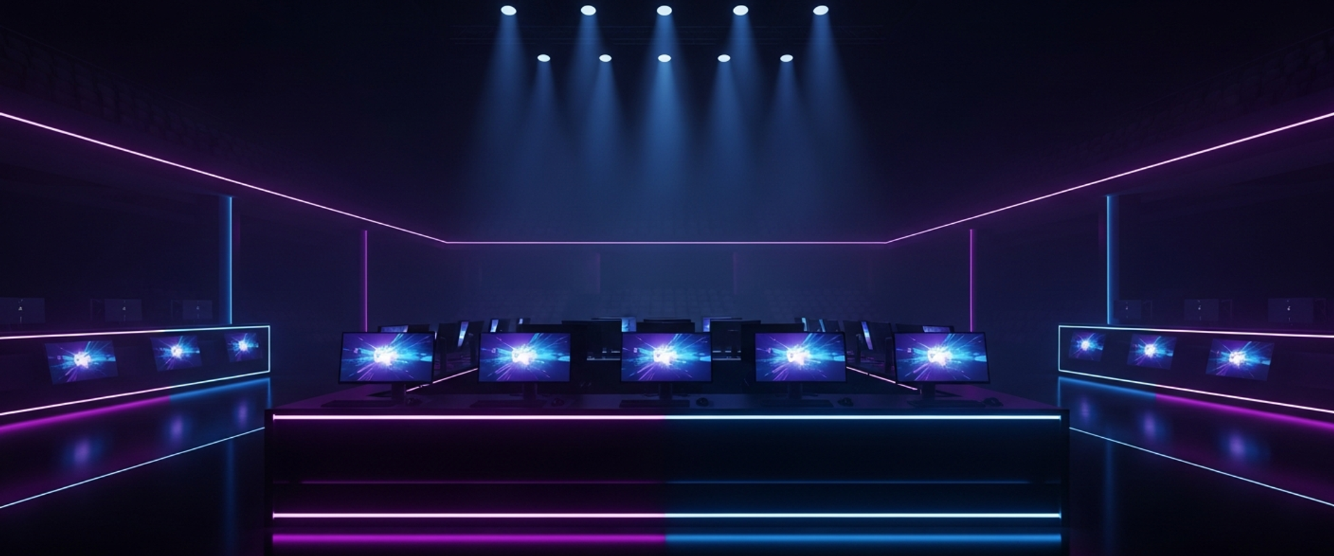 Esports arena stage with dramatic RGB lighting