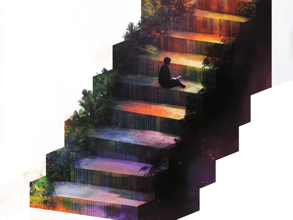 Person reading on colorful, plant-lined staircase.