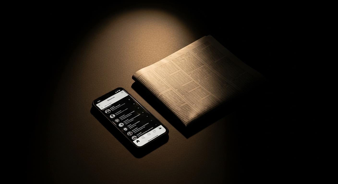 Smartphone and newspaper side by side on dark surface representing social media and traditional PR
