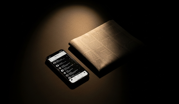 Smartphone and newspaper side by side on dark surface representing social media and traditional PR