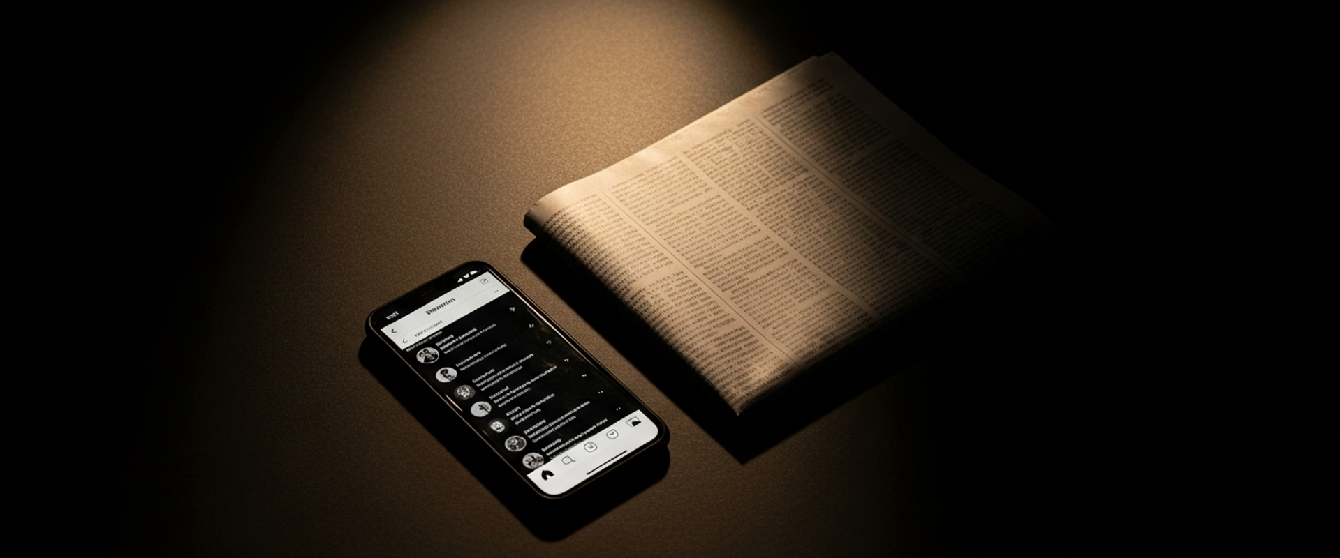 Smartphone and newspaper side by side on dark surface representing social media and traditional PR