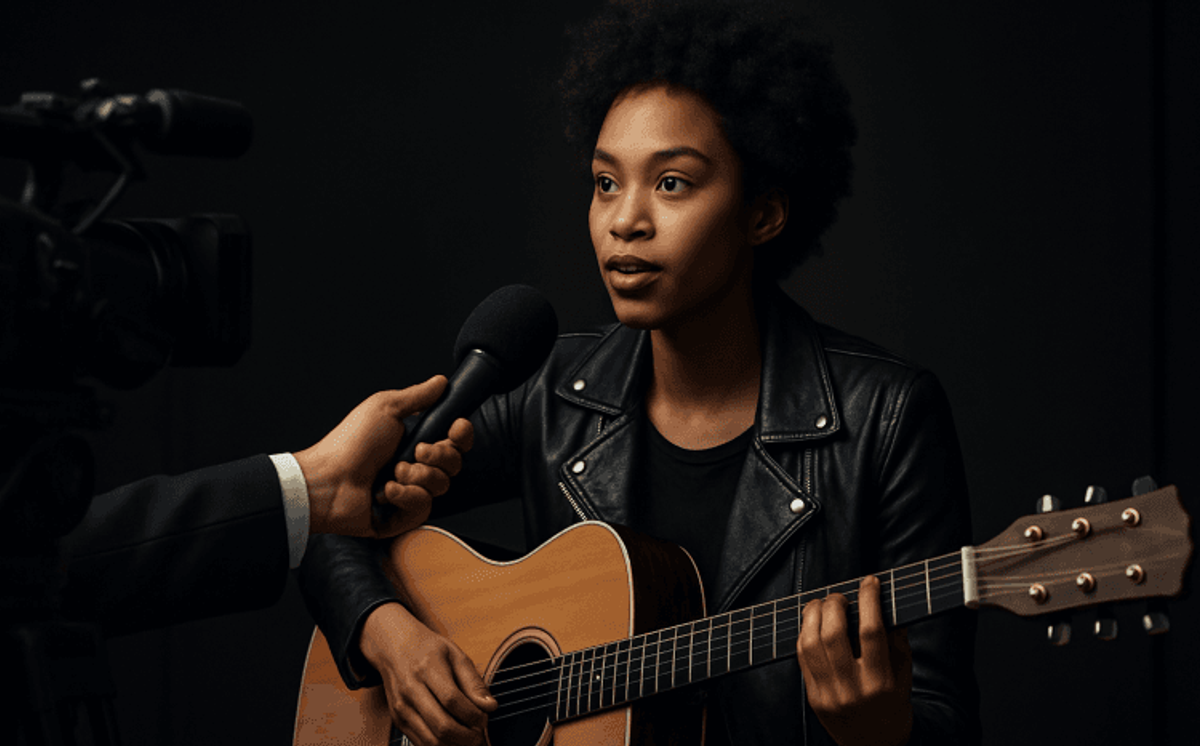 Musician in interview holding a guitar.