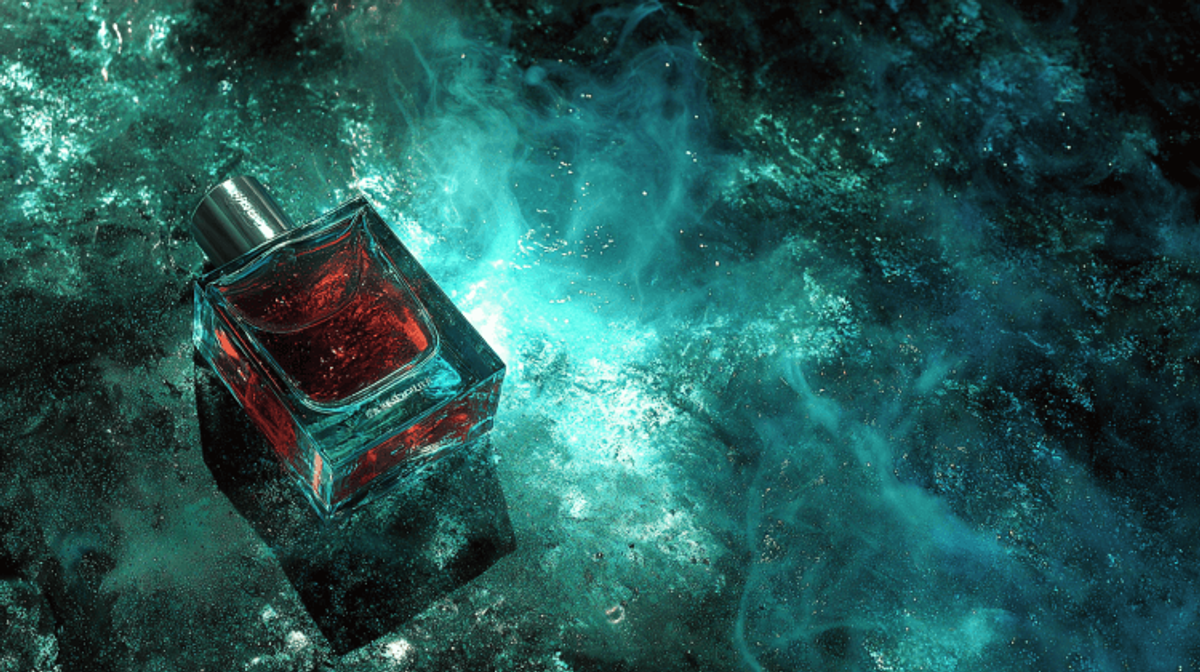 Elegant perfume bottle on textured teal background