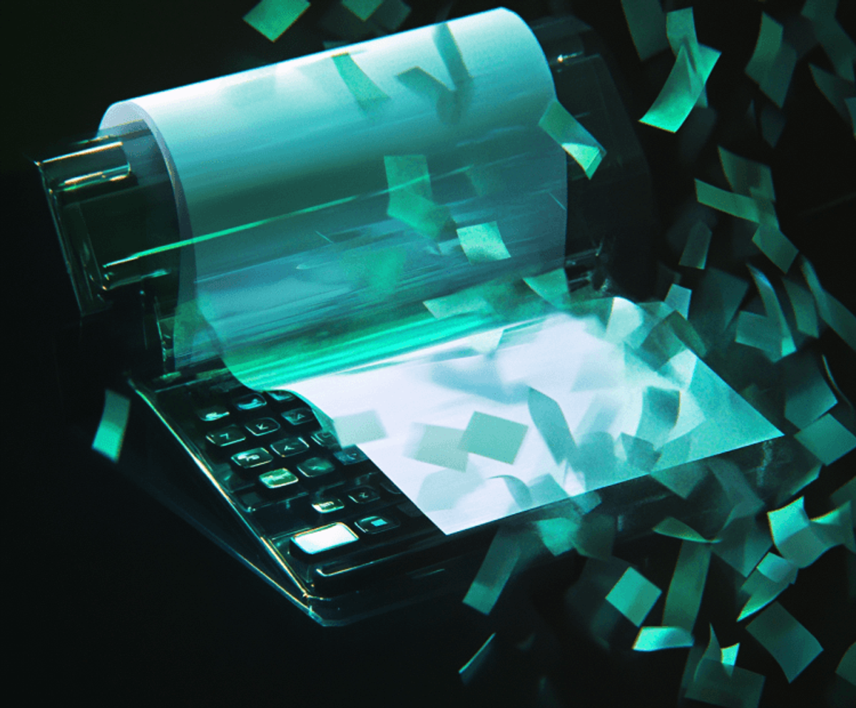 Calculator printing receipts with flying paper strips.