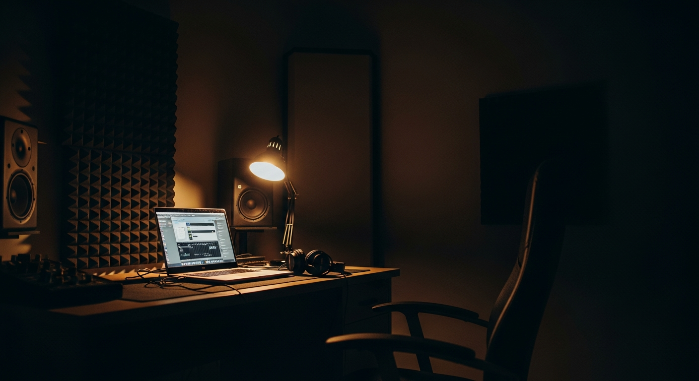 Home recording studio at night with laptop screen glowing and headphones on desk