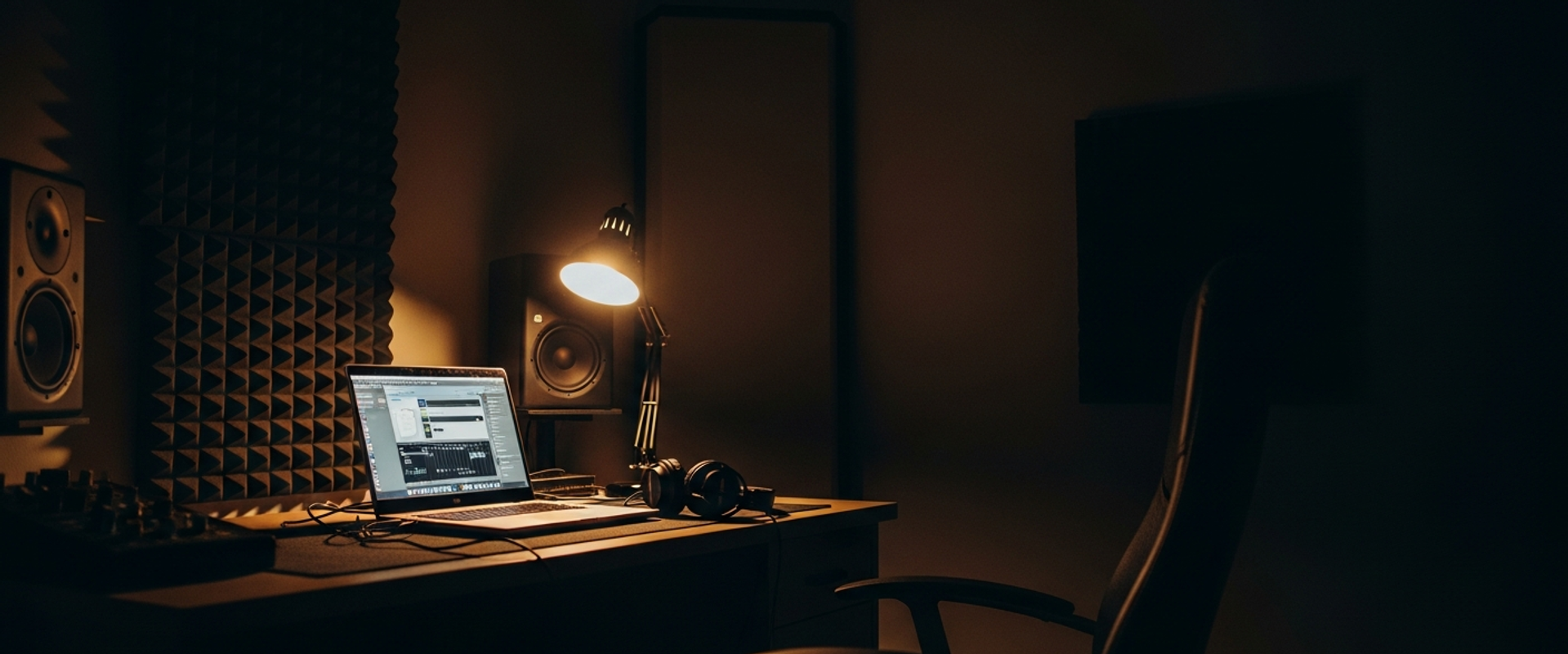 Home recording studio at night with laptop screen glowing and headphones on desk