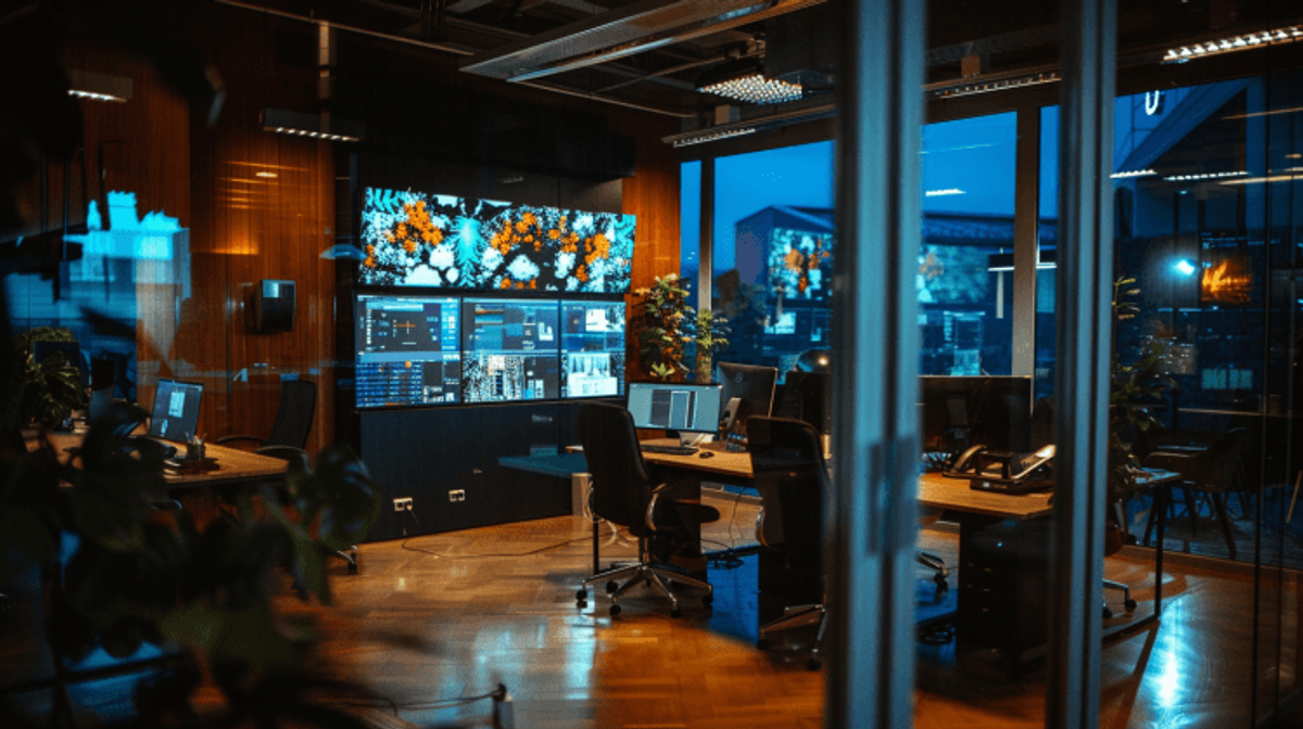 Modern office with multiple screens and workstations.