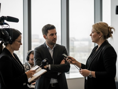 PR professional conducting media interview with journalist in modern office