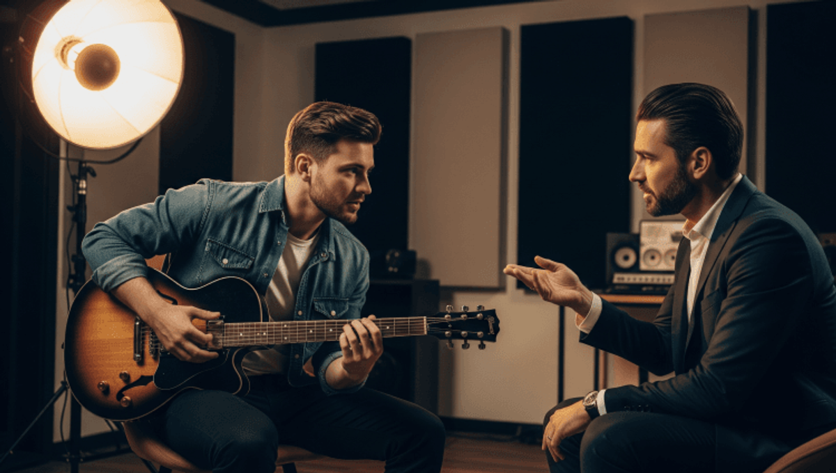 Guitarist learning from mentor in recording studio.