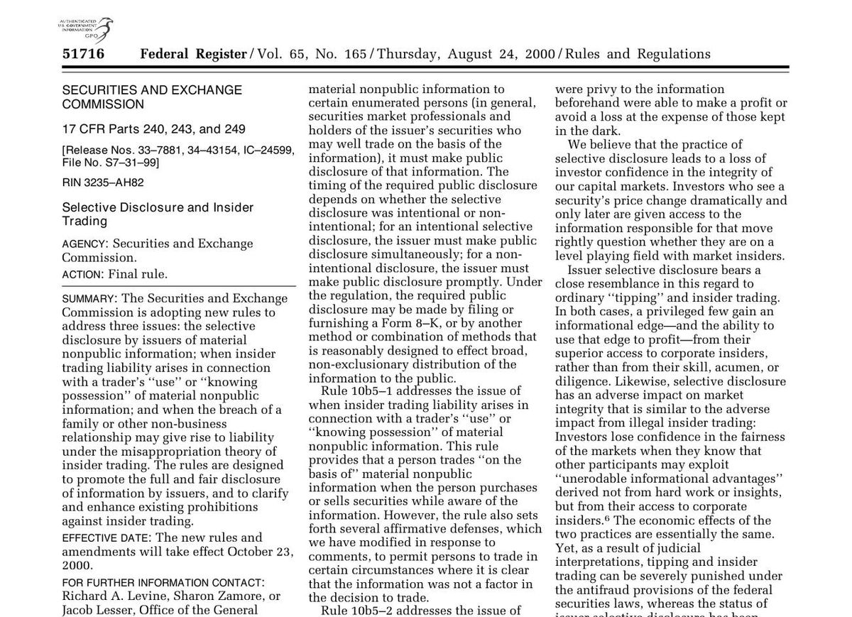 The top of page 51716 of the Federal Register for August 24, 2000, where the SEC's final rule titled Selective Disclosure and Insider Trading begins, set in three columns