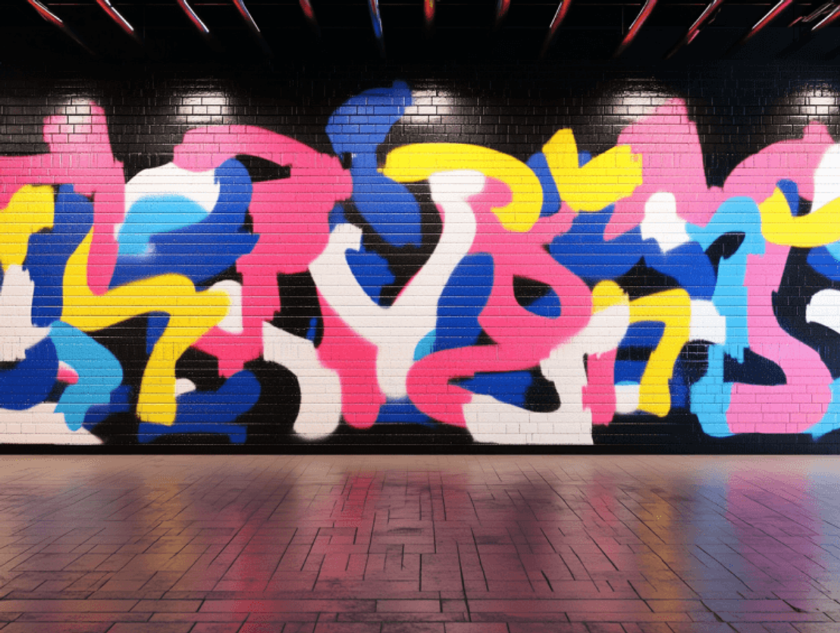 Colorful abstract graffiti on brick wall indoors.