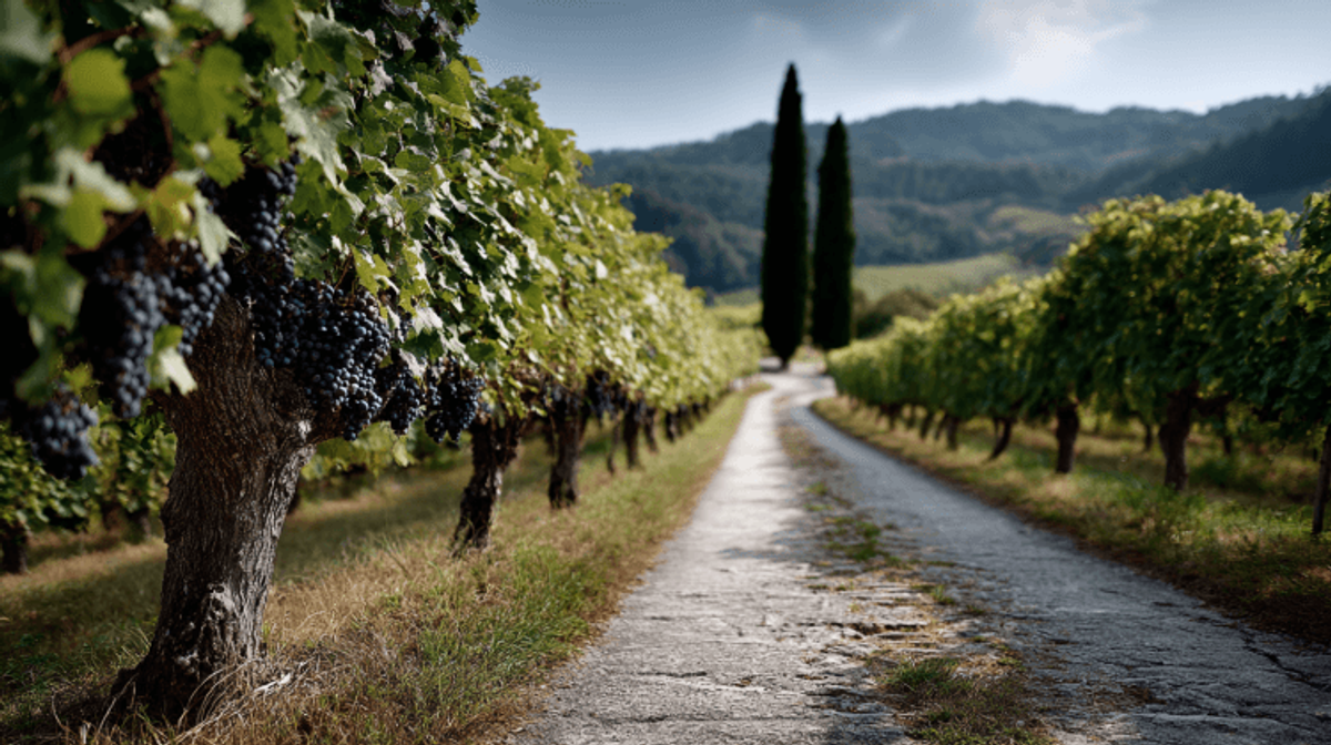 Vineyard pathway with trees and grapevines
