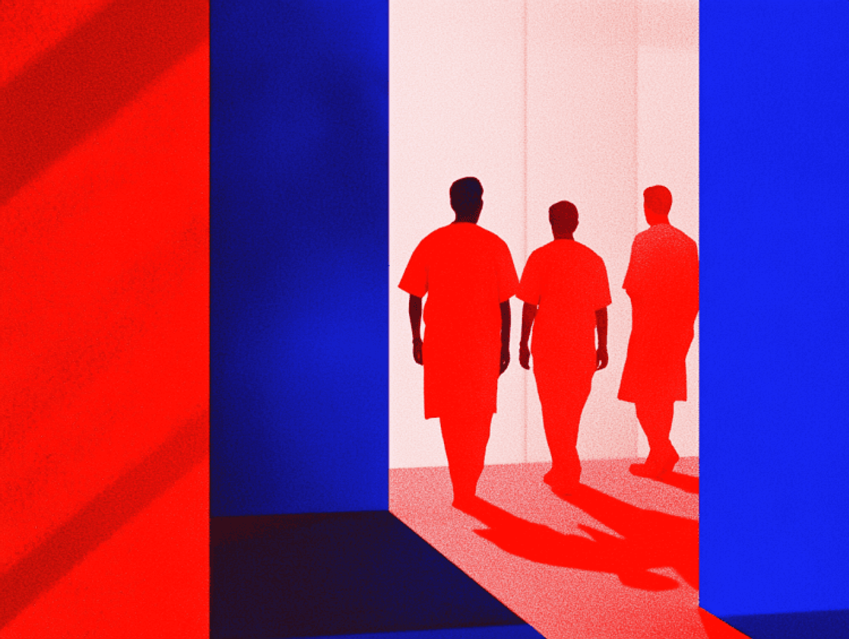 Abstract art with three silhouetted figures in red.