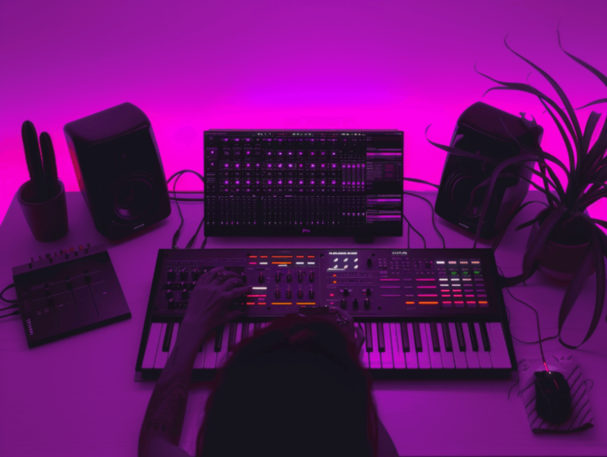 Music production setup with synthesizer and speakers.