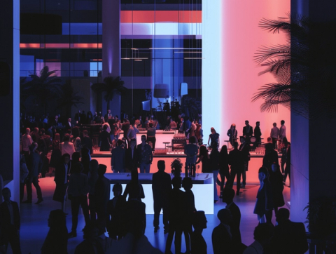 Guests mingling at an evening reception in a glass-walled atrium lit in red and blue, with drinks laid out on a white bar in the foreground.
