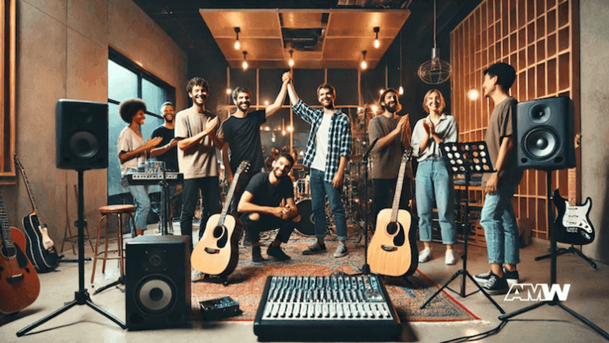 Band celebrating in recording studio.