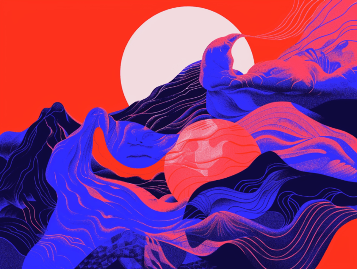 Abstract mountains with bright sun and swirling colors.