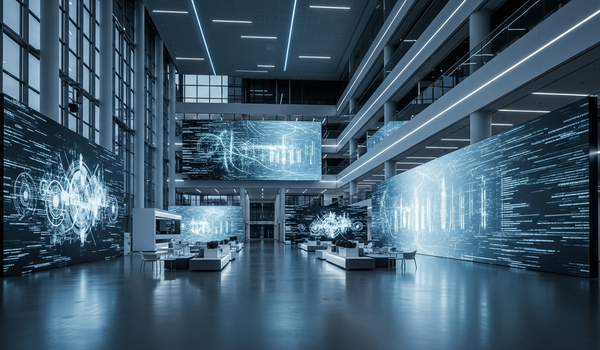 Modern tech company headquarters with ambient lighting and data displays