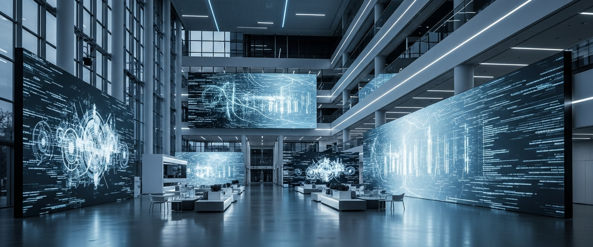 Modern tech company headquarters with ambient lighting and data displays