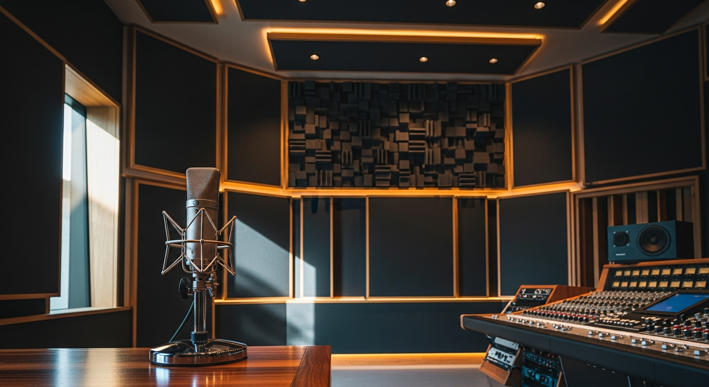 Premium podcast recording studio with vintage microphone representing the podcast industry
