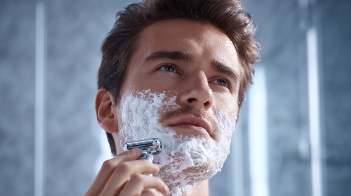 Man shaving with electric razor and foam.