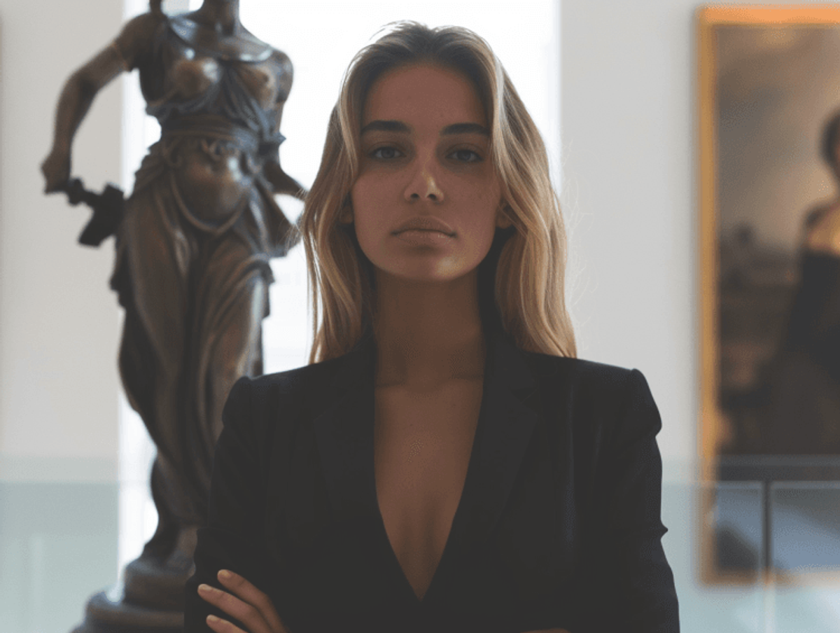 Young woman stands by classical statue, portrait style.