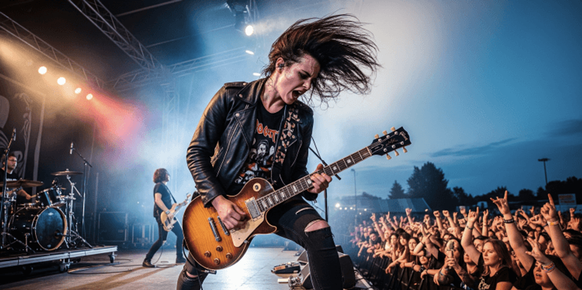 Guitarist performing energetically at outdoor rock concert.