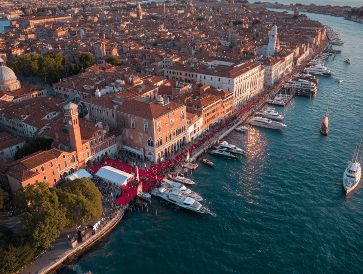 Aerial view of Venice waterfront event.