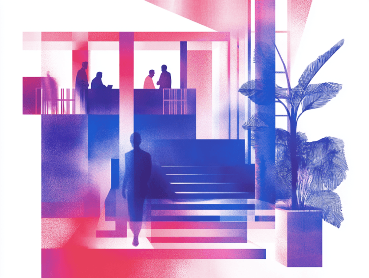 Modern office abstract art with silhouettes and plants.