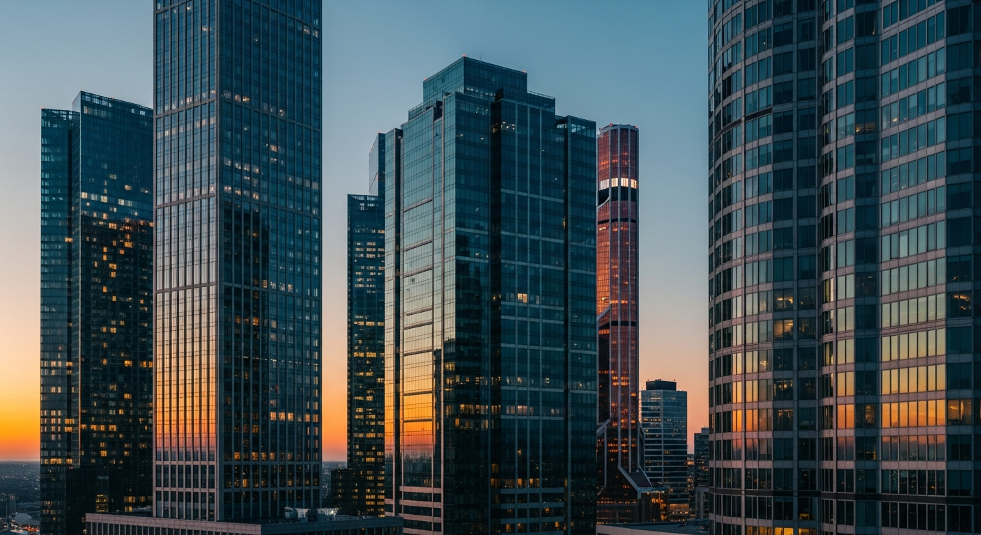 Editorial city skyline at dusk