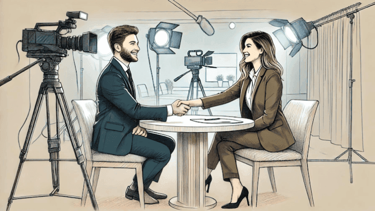 Two people shaking hands in a studio.