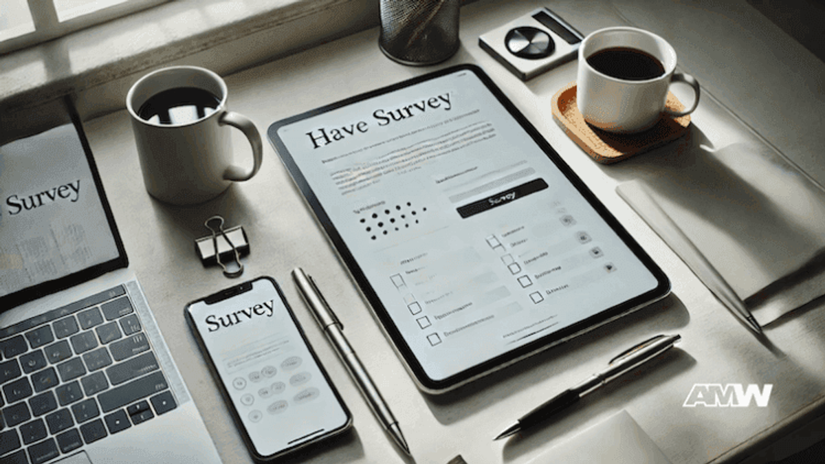 Digital survey on tablet, phone, and papers.